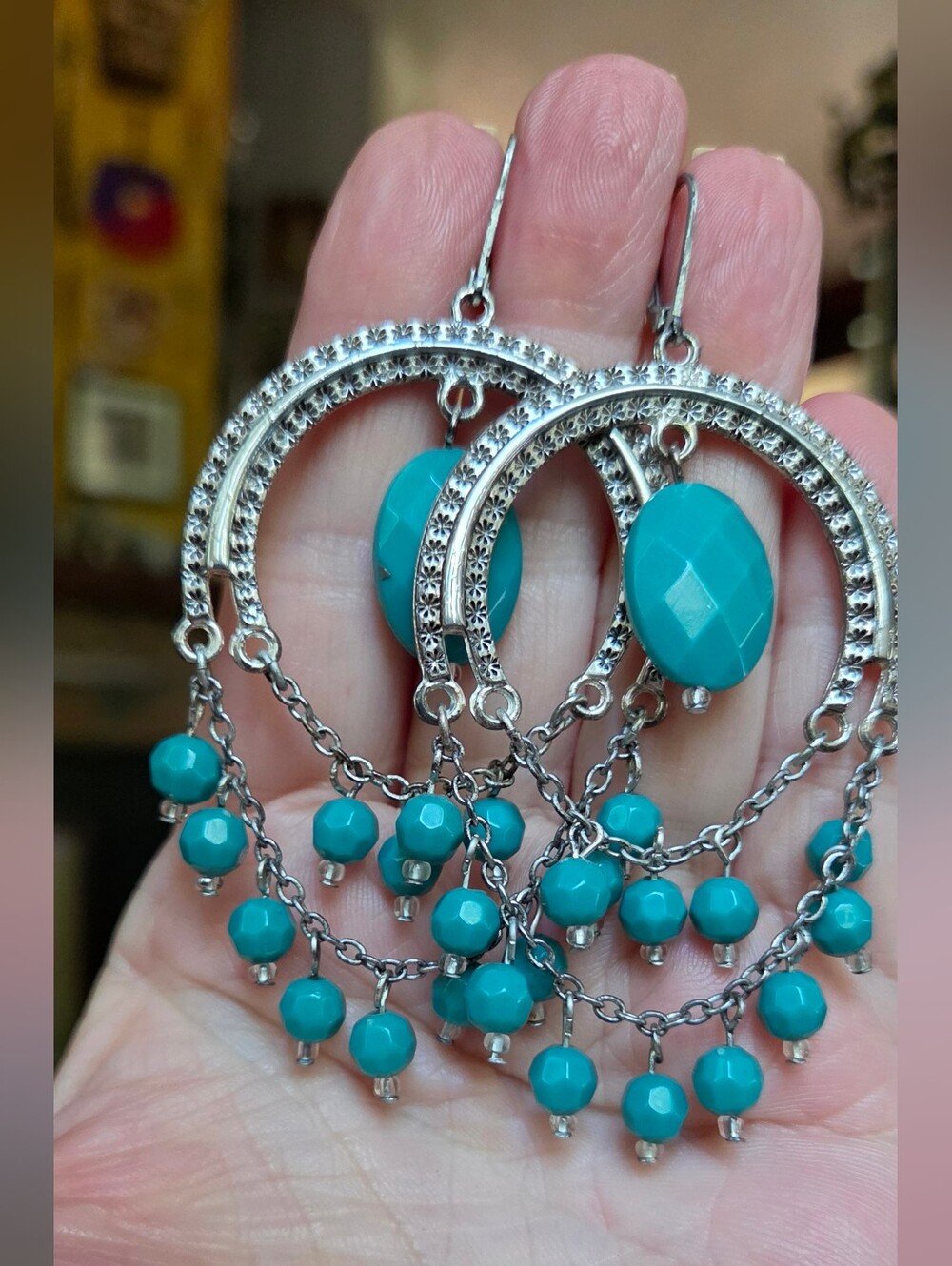 H&M Teal Beaded Silver-Tone Chandelier Earrings - Picture 5 of 5